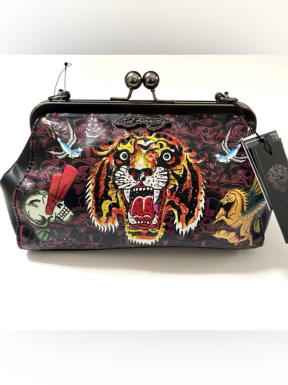Ed Hardy Burgundy Crossbody Bag with Embroidered Tiger Motif